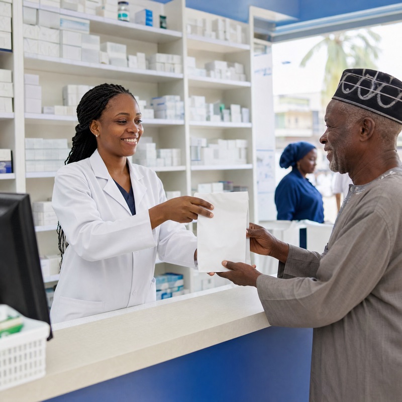 Dispensing a prescription at the pharmacy counter