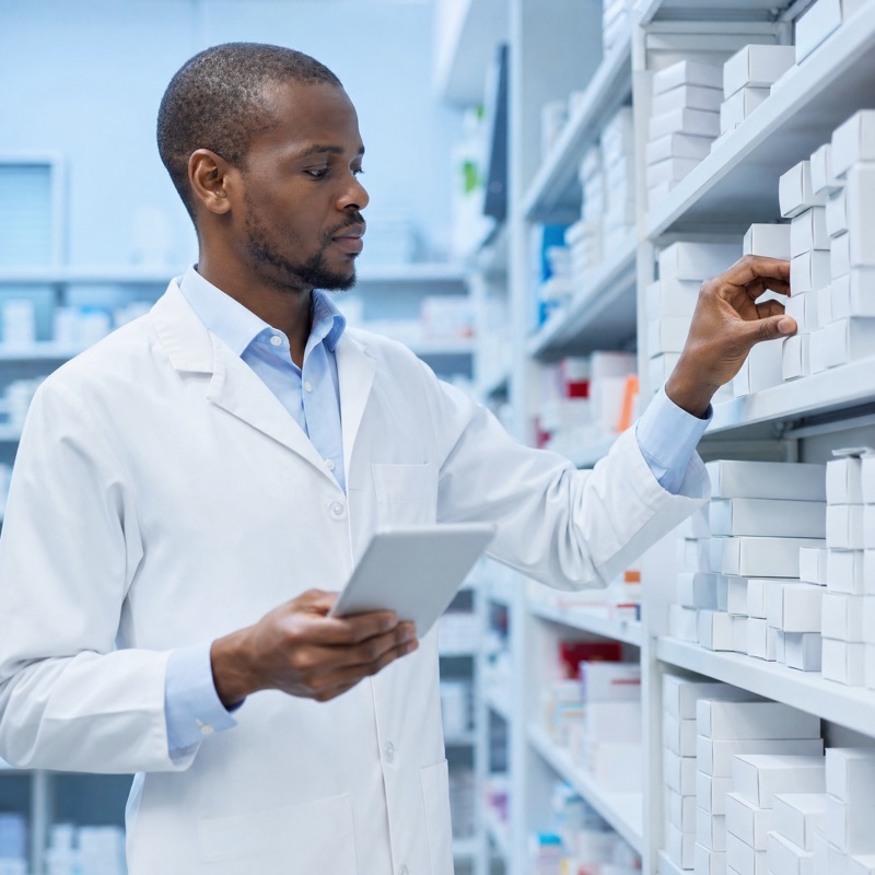 Pharmacist checking stock on organized shelves