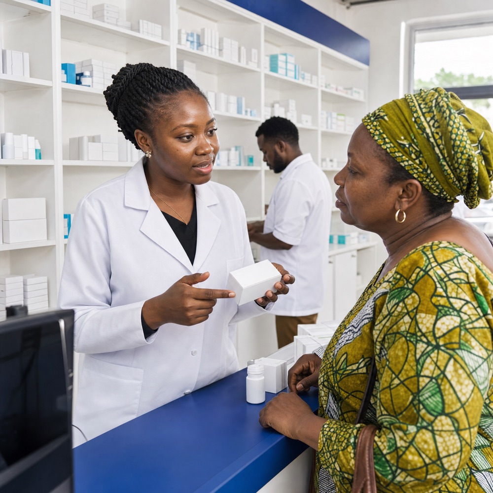 A Pharma Dispensers pharmacist advising a customer at the counter